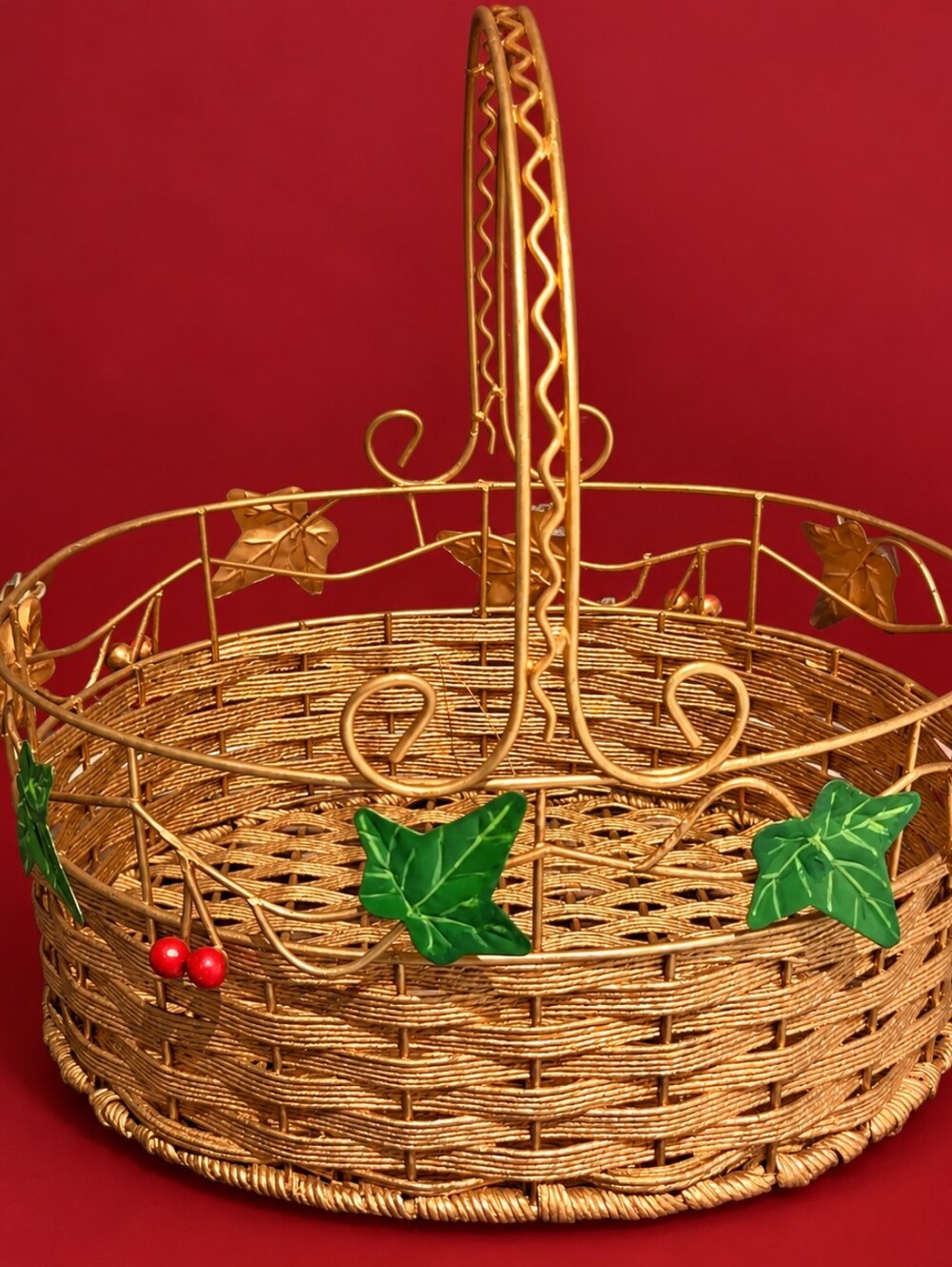 Vintage Style Gold Woven Basket Cherry Ivy Fruit Decorative Metal Handle Cottage